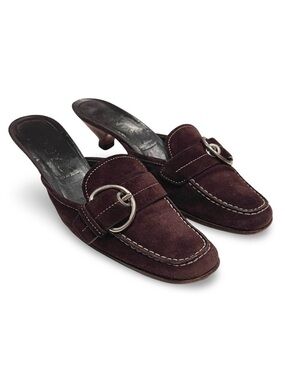 Vintage Prada Suede Mules Kitten Heels Brown Silver Buckle IT 37 US 7